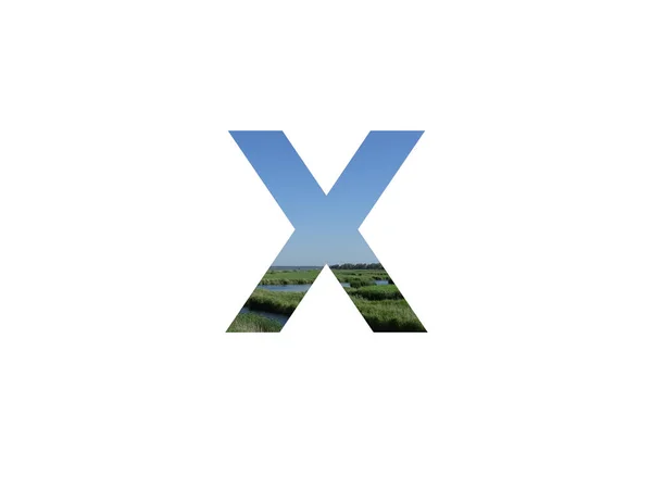 草ストリームと青い空の風景で作られたアルファベットの文字X — ストック写真