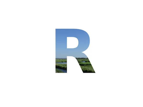 字母R 由草地 溪流和蓝天构成的风景 — 图库照片