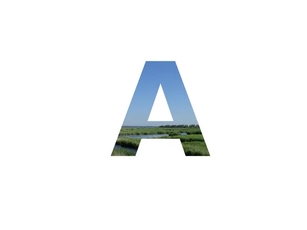 由草地 溪流和蓝天构成的字母表中的字母A — 图库照片