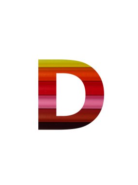 Alfabenin D harfi, sarı, turuncu, kırmızı, pembe, kahverengi kalemle yazılmış.