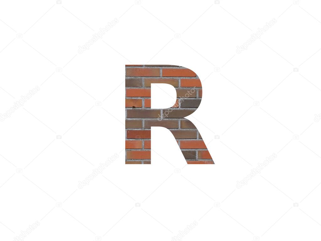 Letter R of the alphabet made with wall of bricks, in brown, orange, red grey and isolated on a white background