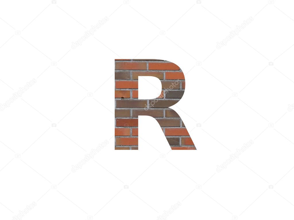 letter R of the alphabet made with wall of bricks, in brown, orange, red grey and isolated on a white background