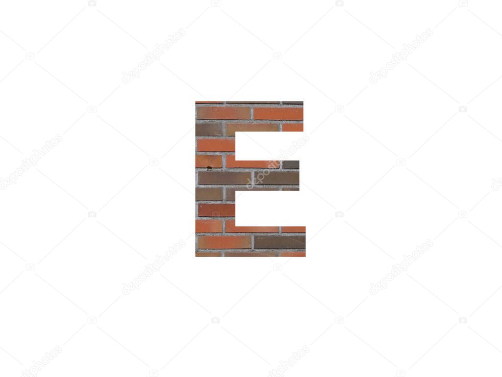 Letter E of the alphabet made with wall of bricks, in brown, orange, red grey and isolated on a white background
