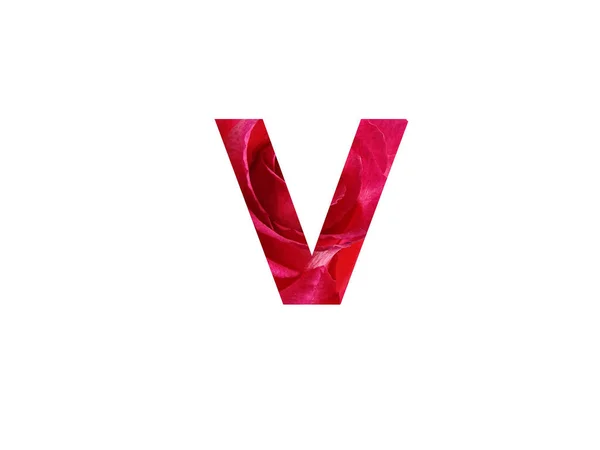 白い背景に孤立した赤いバラの写真で作られたアルファベットの手紙V — ストック写真