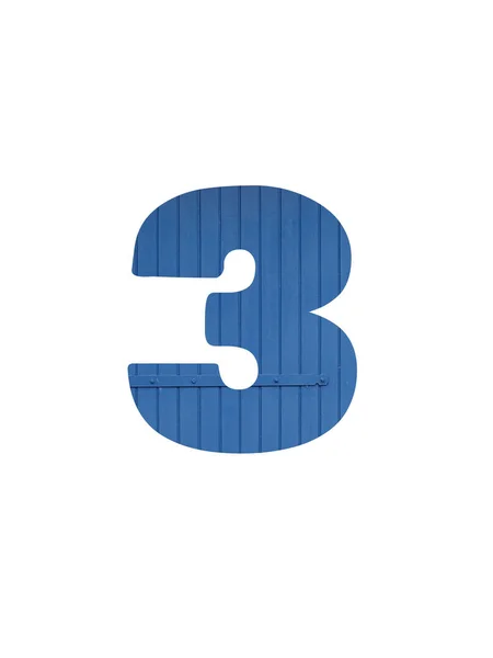 3号字母表用古老的蓝色木头制成 用白色背景隔开 — 图库照片