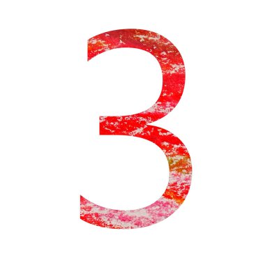 Kırmızı, pembe, yeşil ve turuncu renkli alfabenin 3 numaralı harfi beyaz arka planda izole edilmiştir.