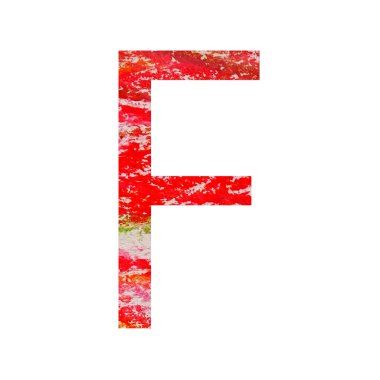 Kırmızı, pembe, yeşil ve turuncu renkli alfabenin F harfi, beyaz arka planda izole edilmiştir.