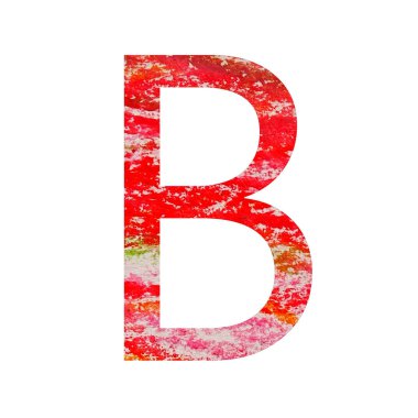 Kırmızı, pembe, yeşil ve turuncu renkli alfabenin B harfi, beyaz arka planda izole edilmiştir.