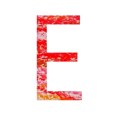 Alfabedeki E harfi kırmızı, pembe, yeşil ve turuncu renklerle yazılır, beyaz arka planda izole edilir.