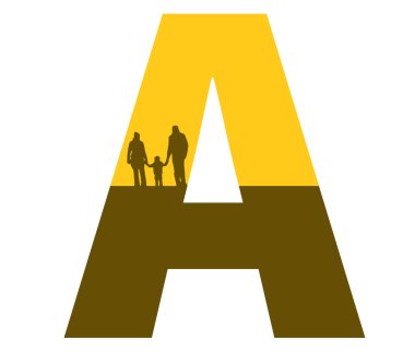 Letter A of the alphabet made with a silhouette of a family, father, mother and child, in the color ocher and brown