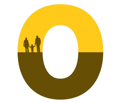 Letter O of the alphabet made with a silhouette of a family, father, mother and child, in the color ocher and brown