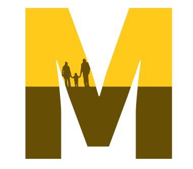 Letter M of the alphabet made with a silhouette of a family, father, mother and child, in the color ocher and brown clipart