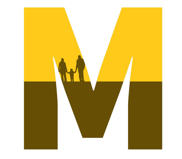 Letter M of the alphabet made with a silhouette of a family, father, mother and child, in the color ocher and brown