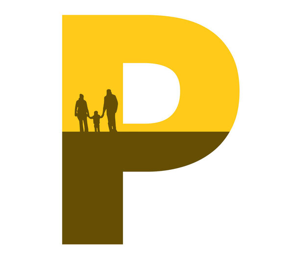 Letter P of the alphabet made with a silhouette of a family, father, mother and child, in the color ocher and brown