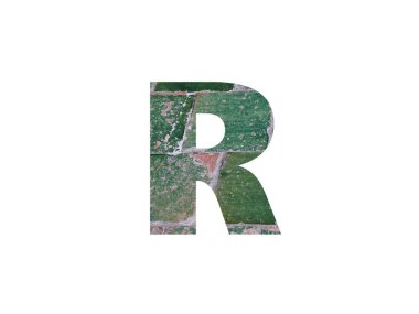 Letter R of the alphabet made with green tiles isolated on a white background