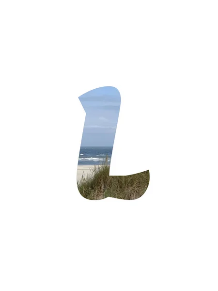 Letter Alphabet Made Landscape Beach Sea Blue Sky Dunes Isolated — Stock fotografie
