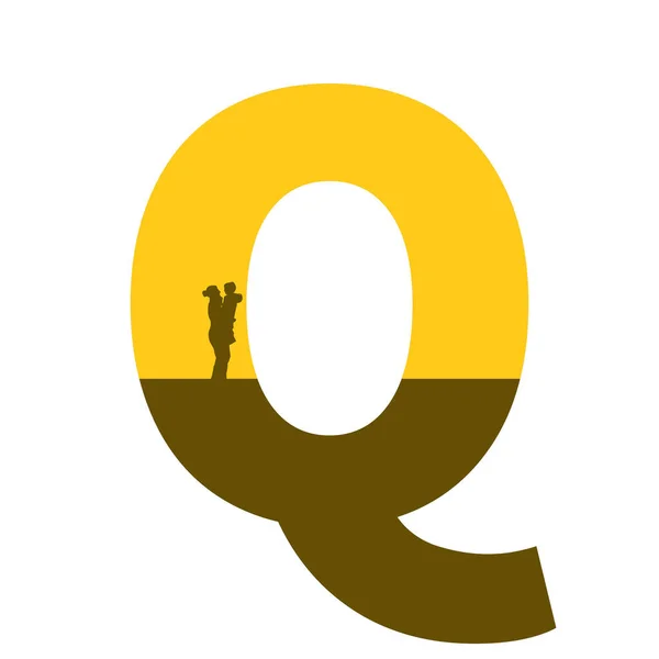 字母Q的字母Q 母亲的轮廓 臂膀上有孩子 颜色为乌黑和棕色 背景为白色 — 图库照片
