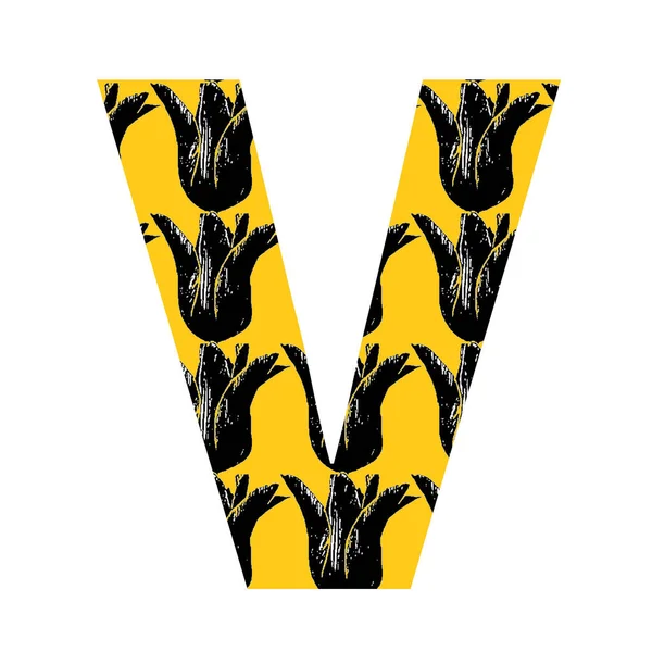 字母V字母的字母V 用黄色背景上的黑色郁金香图案制成 用白色背景隔开 — 图库照片