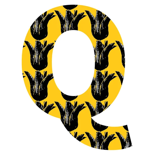 字母Q的字母Q 用黄色背景上的黑色郁金香图案制成 用白色背景隔开 — 图库照片