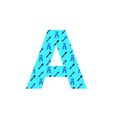 Kaşık, çatal ve mutfak sandalyelerinden oluşan alfabenin A harfi, mavi arkaplanlı, beyaz arka planda izole edilmiş.