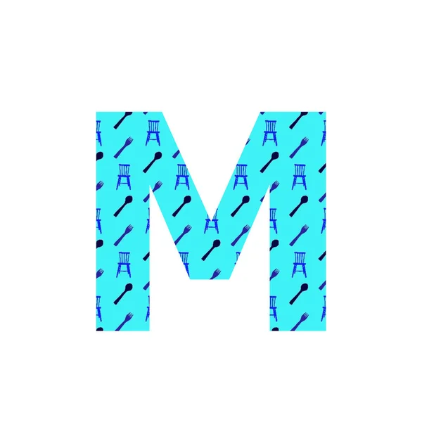 スプーン フォーク キッチンチェアのパターンで作られたアルファベットの文字Mは 白い背景に隔離された青い背景を持ちます — ストック写真