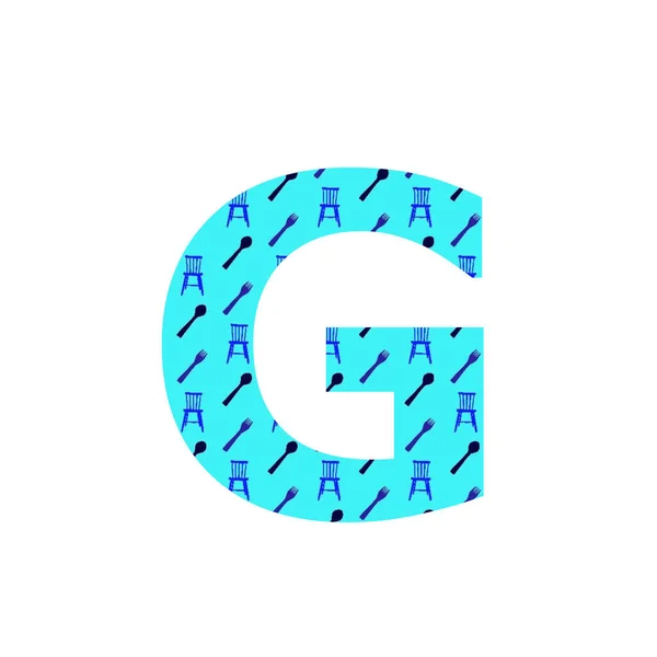 スプーン フォーク キッチンチェアのパターンで作られたアルファベットの文字Gは 白い背景に隔離された青い背景を持ちます — ストック写真