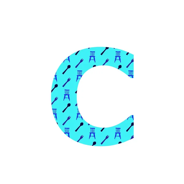 字母C 由勺子 叉子和厨房椅子组成 蓝色背景 白色背景隔离 — 图库照片