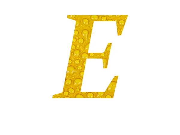黄色の背景に雨滴で作られたアルファベットの文字Eは 白い背景に隔離されています — ストック写真