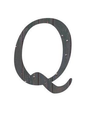 Beyaz arka planda izole edilmiş eski yeşil ahşaptan yapılmış alfabenin Q harfi.