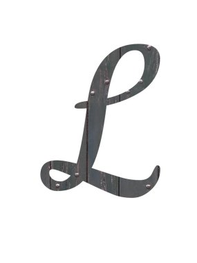 Alfabenin L harfi eski yeşil ahşaptan yapılmış, beyaz arka planda izole edilmiş.