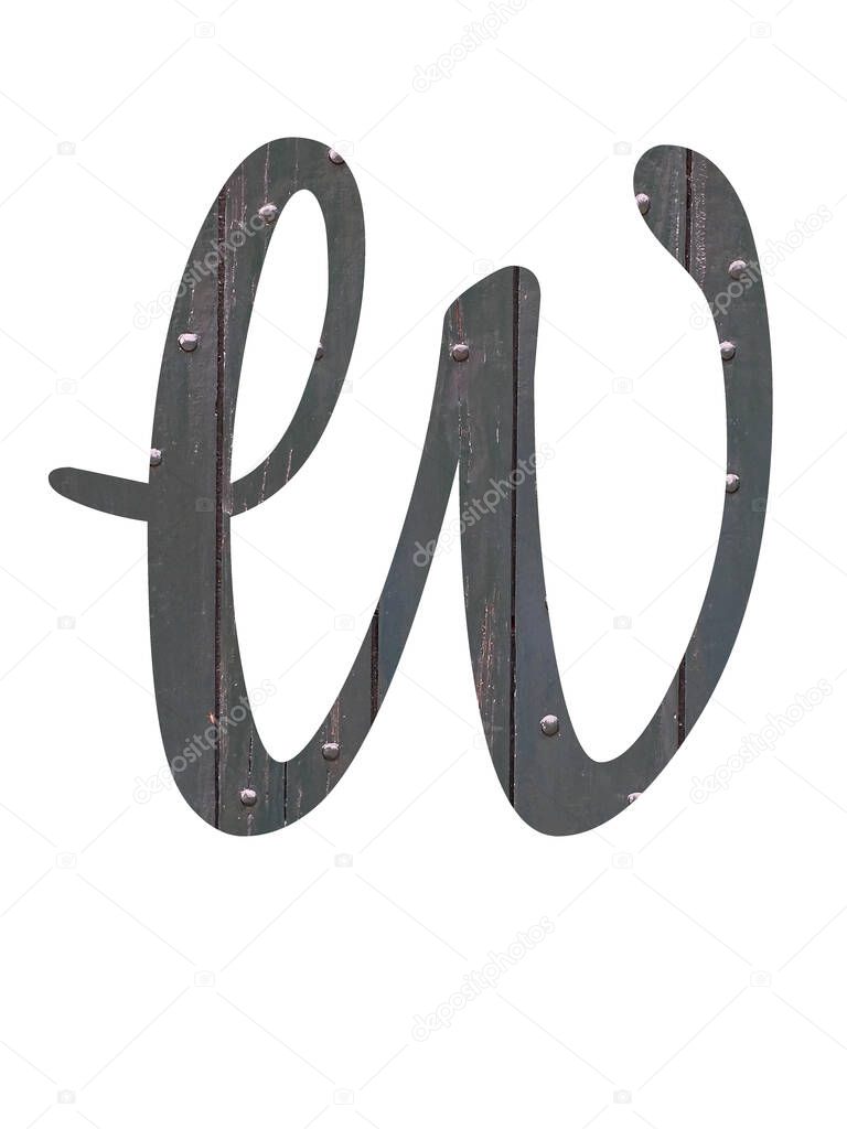 Letter W of the alphabet made with old green wood, isolated on a white background