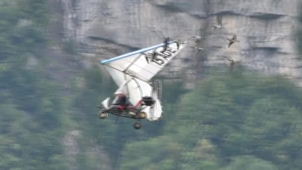 Moullec berühmter französischer Vogelmann im Flug mit einem Schwarm seltener Vögel — Stockvideo