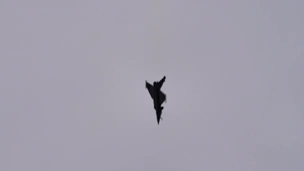 Dassault Rafale of French Air Force performs a series of tounneaus in a gray sky — Stock Video