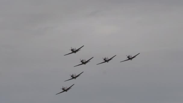 Propeller aerobatic flygplan formation flyger i ett dåligt väder grå himmel — Stockvideo