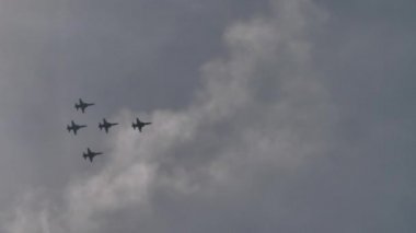 Savaş uçakları sürüsü yakın düzende uçuyor.