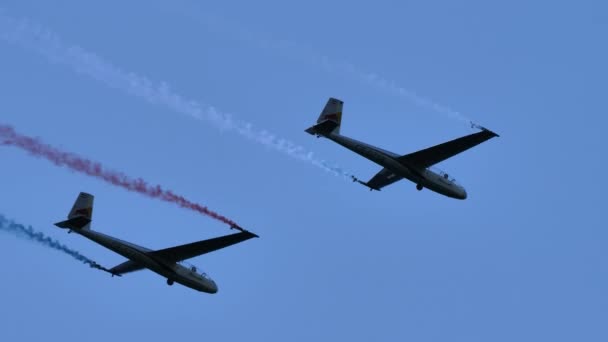 Dwie szybowce lecące w ścisłej formacji wykazujące idealną pracę zespołową między pilotami — Wideo stockowe