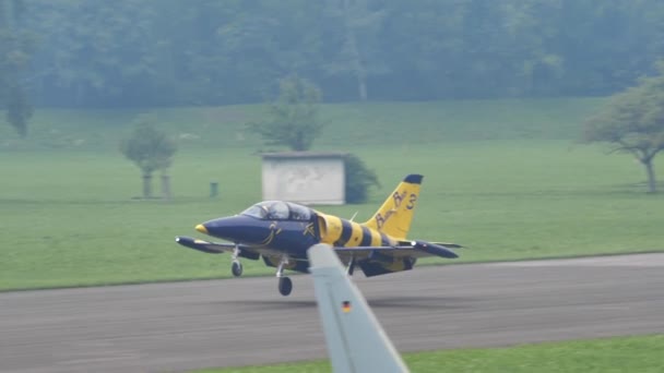 Movimento lento de um avião a jato aeróbico colorido azul e amarelo pouso — Vídeo de Stock