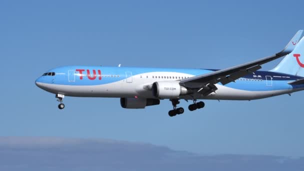 Boeing 767 af TUI Airlines flyver i den blå himmel. Følg skud, Langsom bevægelse – Stock-video