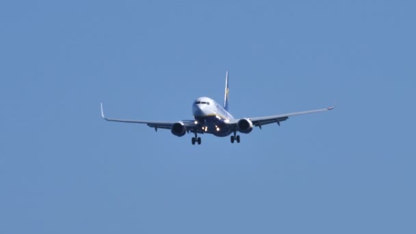 Flugzeug im Landeanflug in der Nähe des Flughafens bei blauem Himmel. Fluglinie Boeing 737 Ryanair — Stockvideo