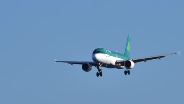 Airbus A320-214 mit Kennzeichen EI-DEP von Aer Lingus im Landeanflug auf den Flughafen von Lanzarote — Stockvideo