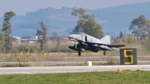 Supersonic jet interceptor and fighter bomber of cold war era takes off — Stock Video