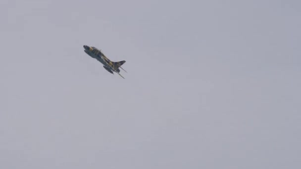 Oldtimer-Kampfflugzeuge der 1950er und 1960er Jahre im Flug vor grauem Himmel — Stockvideo