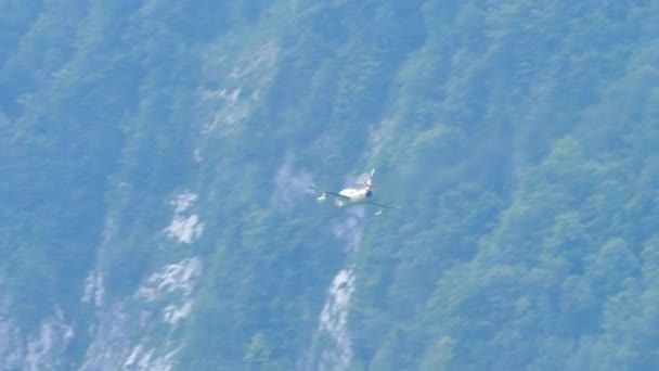 Vintage Jet Kampfflugzeug Silhouette fliegen in einem schönen grünen Alpental — Stockvideo