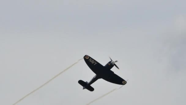 Vintage propeller radial engine combat airplane flies in a British grey sky — 비디오