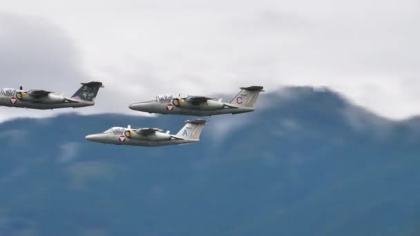 Bildung von vier militärischen Ausbildungsflugzeugen im Flug an einem bewölkten Tag — Stockvideo