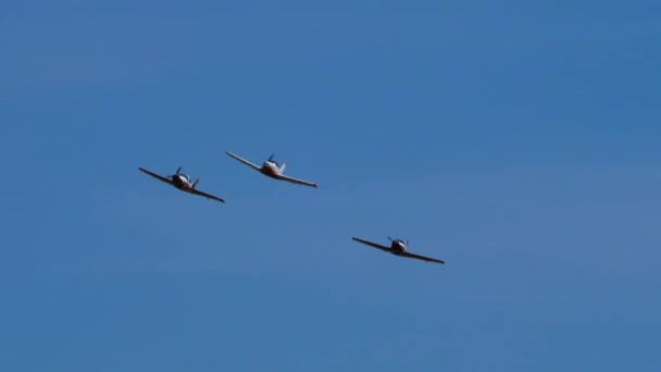 Sport light airplanes in flight in blue sky without clouds — Stock Video