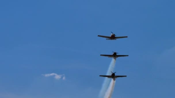 Des avions ultralégers effectuent des manœuvres de voltige avec de la fumée dans le ciel bleu de l'été — Video