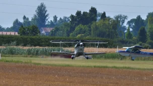 Aerobatik çift kanatlı uçak çim pistine iniyor. — Stok video