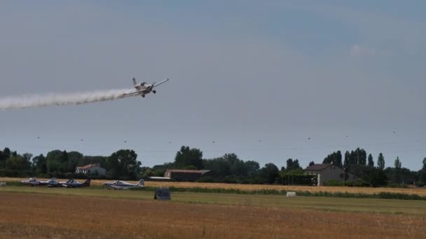 Aerobatic avião de baixa altitude de alta velocidade passar sobre campo de grama campo — Vídeo de Stock