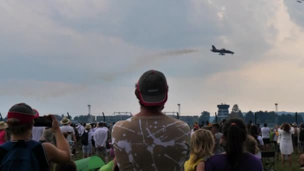 O público admira em êxtase o voo louco de Frecce Tricolori — Vídeo de Stock